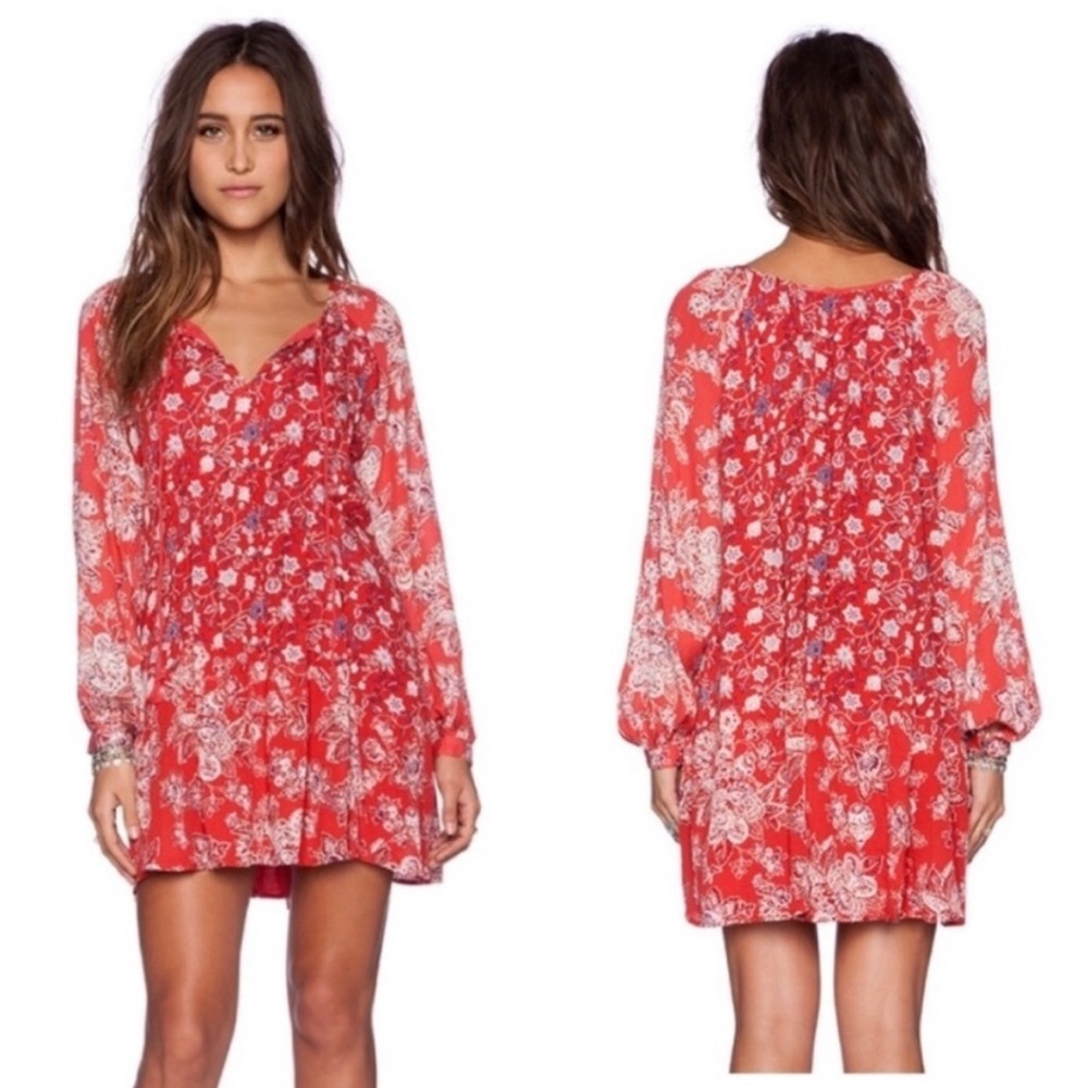 Free People Lucky Loosey Red Mini Dress / Tunic with Long Sleeves, Size XS